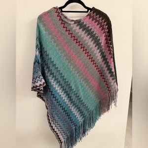Poncho Sweater fabric- fringe on one side. One size. Pull over head